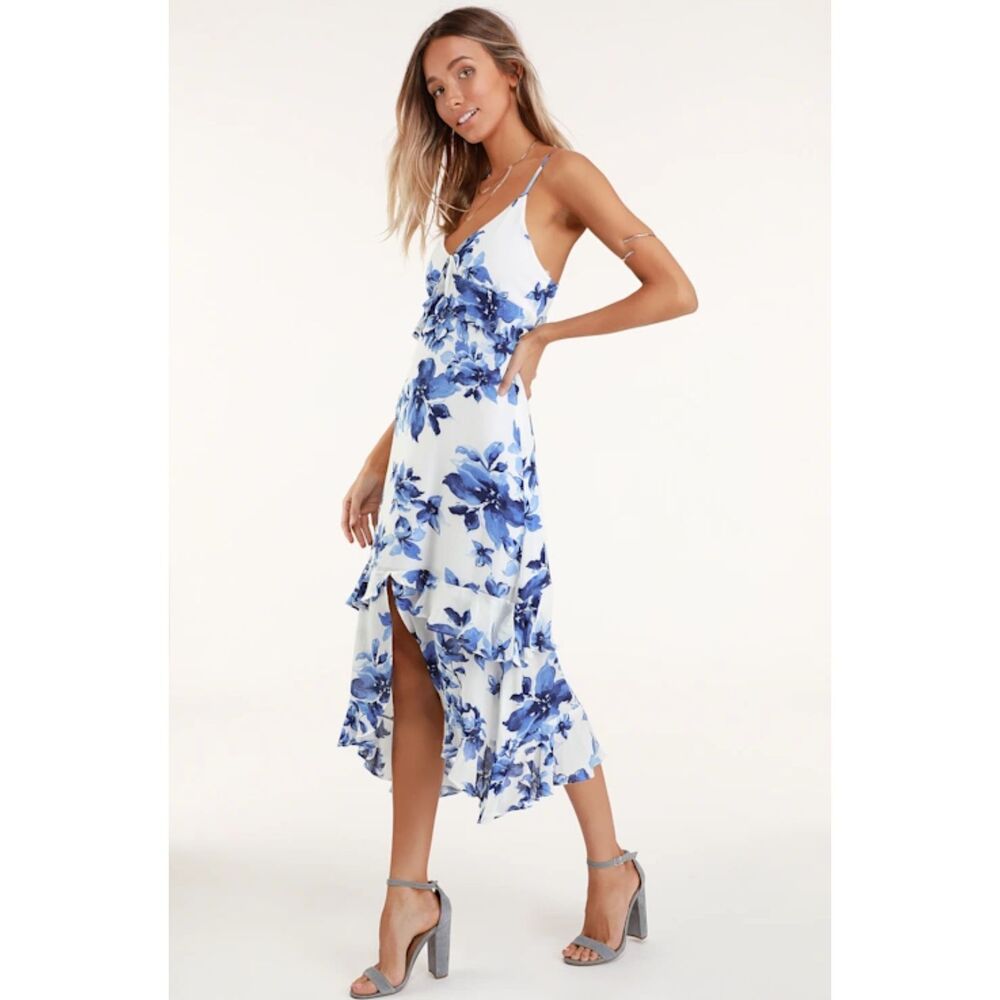 NWOT Lulu’s Small Island Time White Blue Floral Print Ruffle Midi Dress Vacation